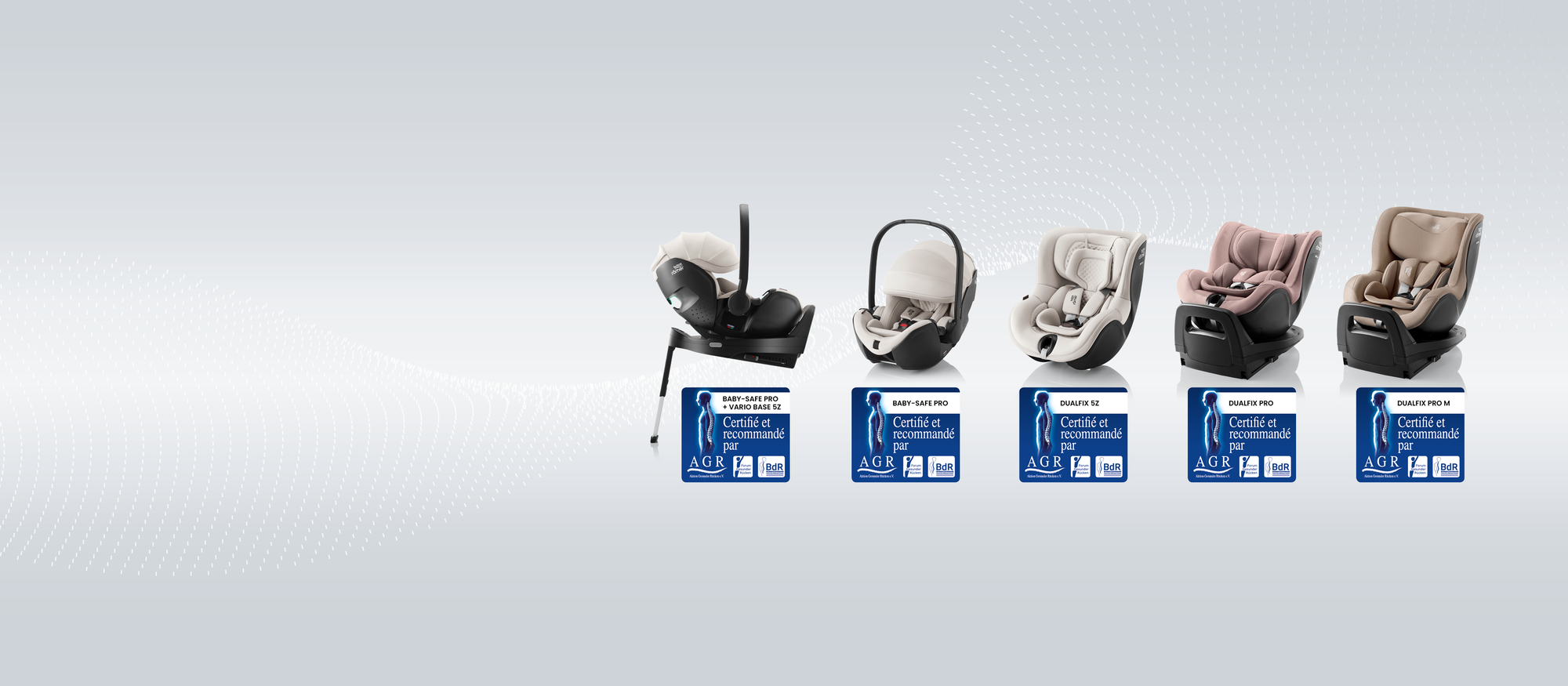 Si&egrave;ges auto pour b&eacute;b&eacute;s et enfants certifi&eacute;s par Aktion Gesunder R&uuml;cken e.V. (AGR), con&ccedil;us selon une ergonomie respectueuse du dos, pr&eacute;sent&eacute;s en plusieurs mod&egrave;les avec le logo de certification AGR.